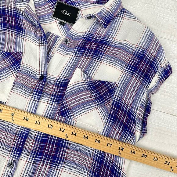 Rails Britt Plaid Button Up Shirt Women XS Cap Short Sleeve Blue White Western - Picture 10 of 13